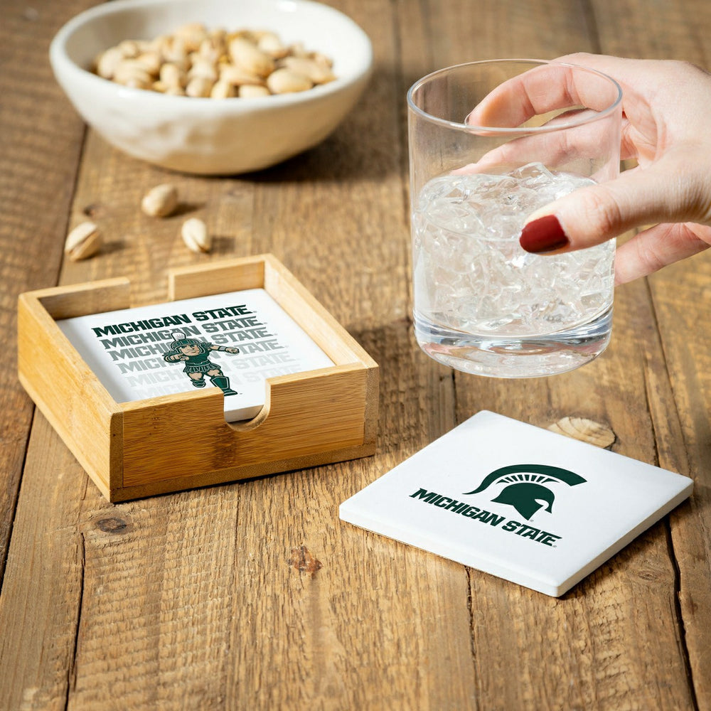 Michigan State University Ceramic Coasters Set, 4pcs with Wood Caddy