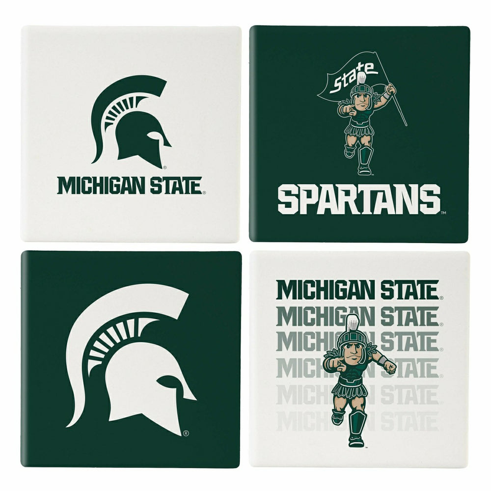 Michigan State University Ceramic Coasters Set, 4pcs with Wood Caddy