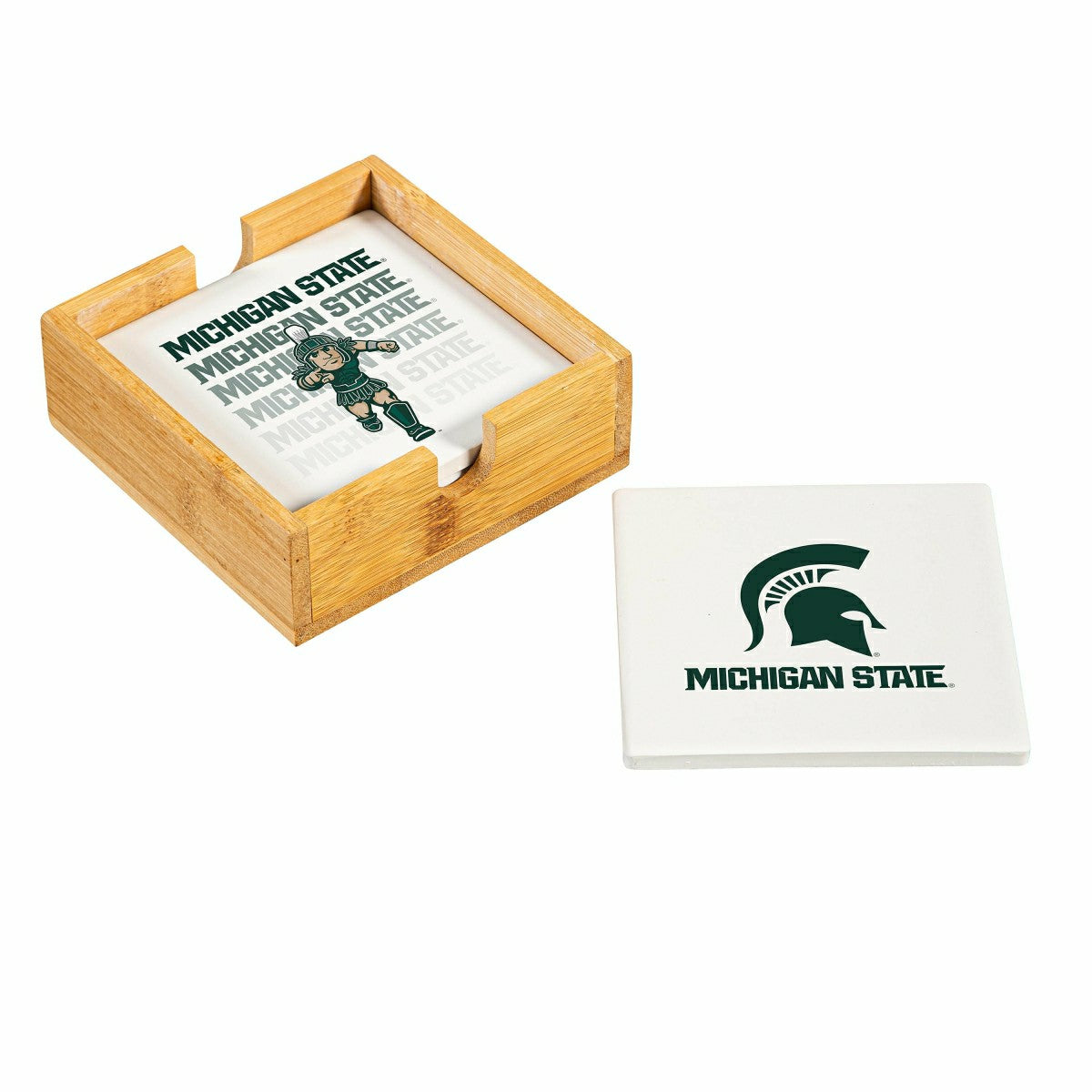 Michigan State University Ceramic Coasters Set, 4pcs with Wood Caddy