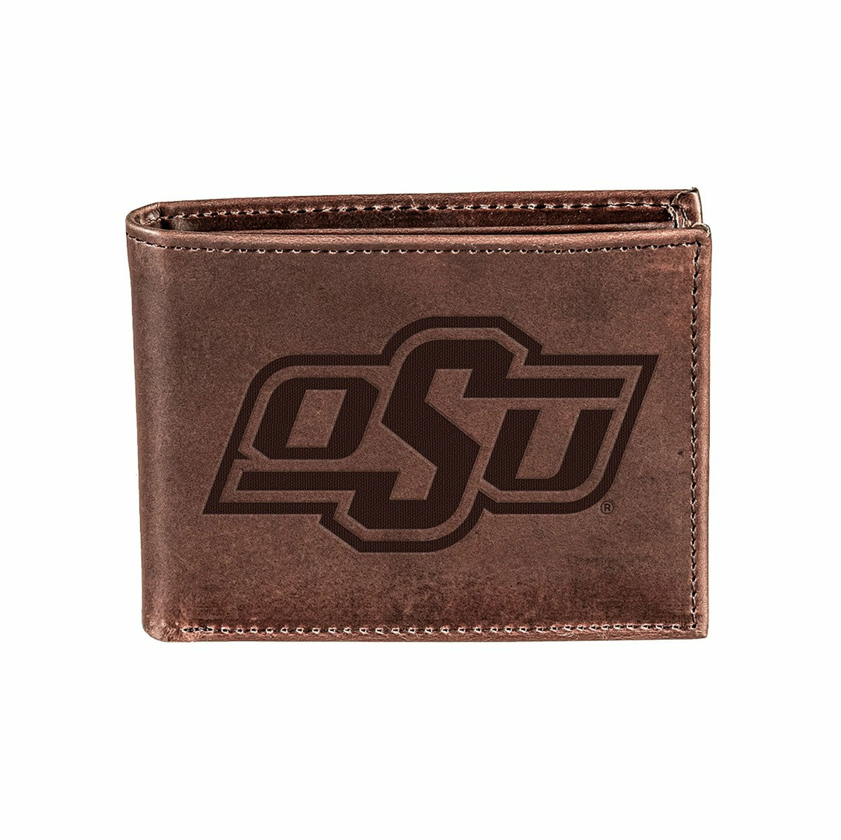 Oklahoma State University, Bi-Fold Wallet, Brown, CH, 100% Genuine Lea