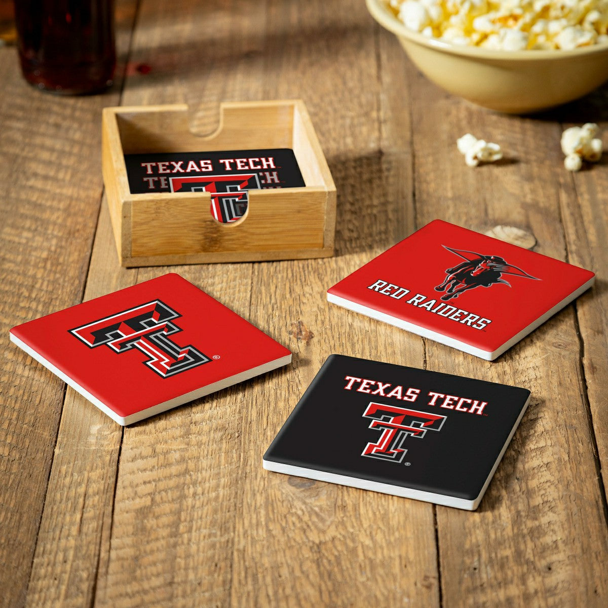 Texas Tech University Ceramic Coasters Set, 4pcs with Wood Caddy