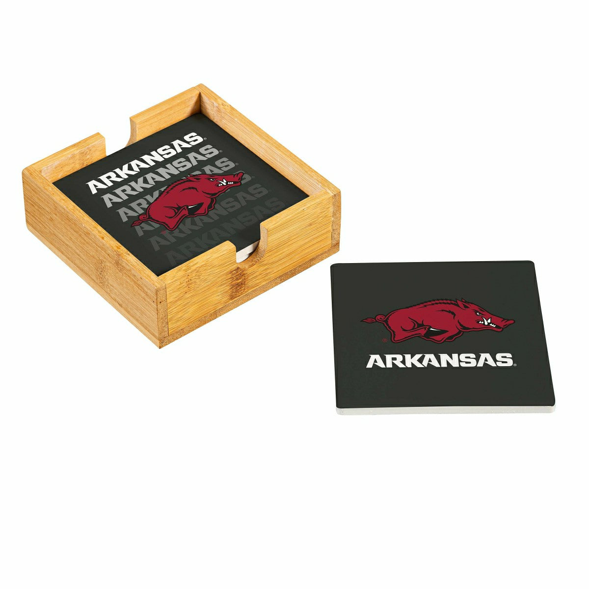 University of Arkansas Ceramic Coasters Set, 4pcs with Wood Caddy