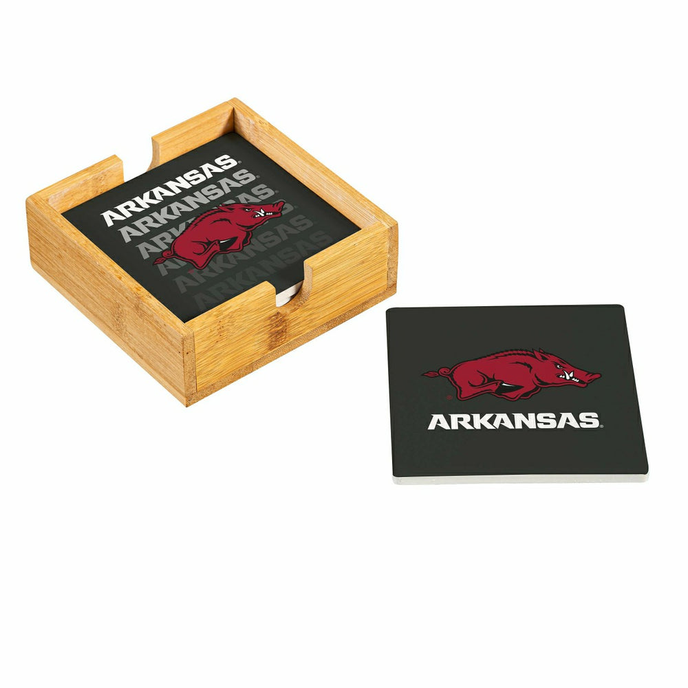 University of Arkansas Ceramic Coasters Set, 4pcs with Wood Caddy