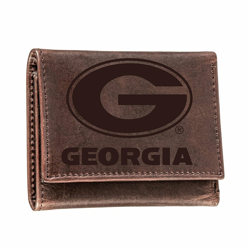 University of Georgia, Tri-Fold Wallet, Brown, CH, 100% Genuine Leathe