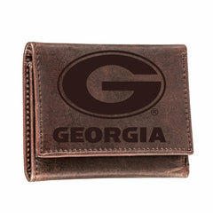University of Georgia, Tri-Fold Wallet, Brown, CH, 100% Genuine Leathe