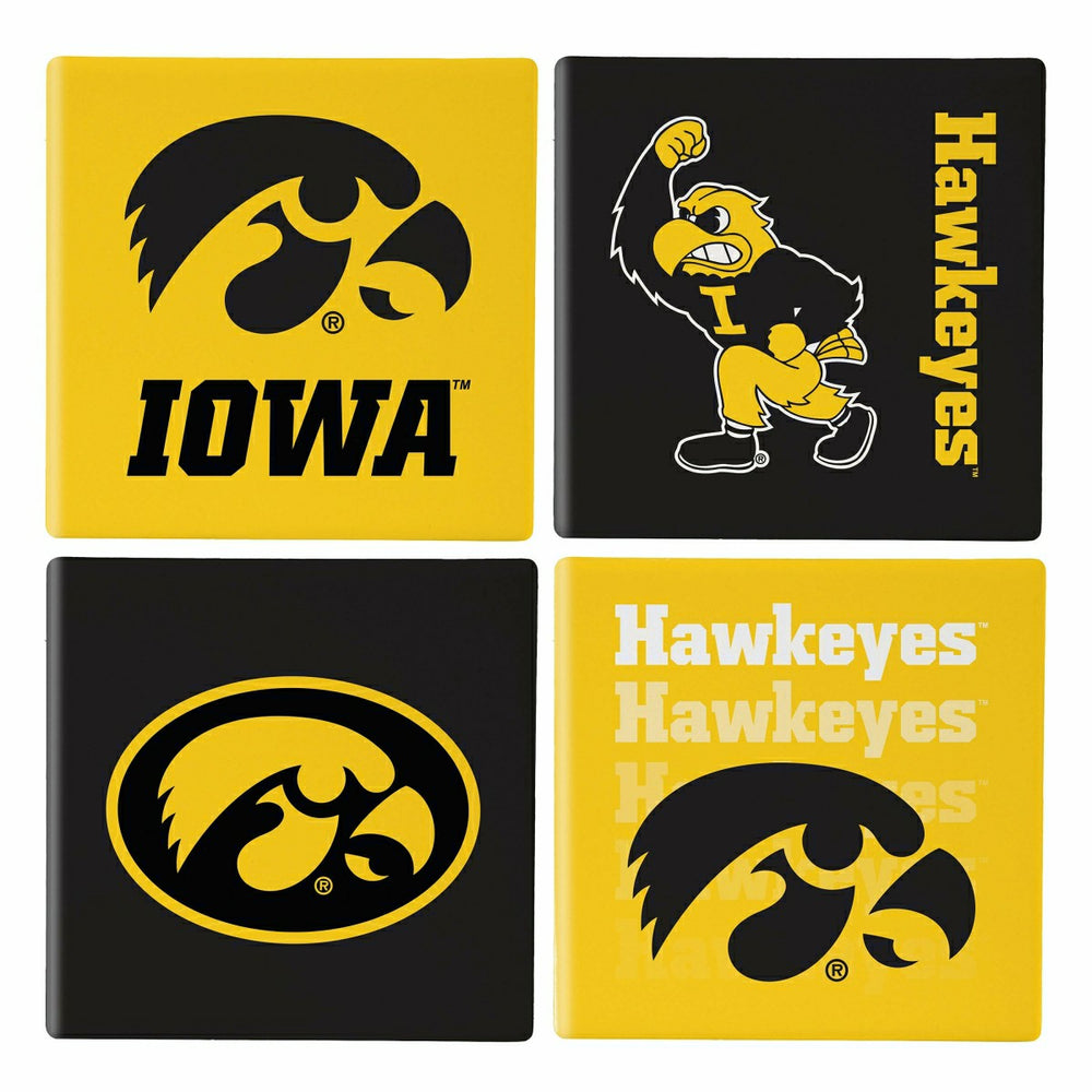University of Iowa Ceramic Coasters Set, 4pcs with Wood Caddy