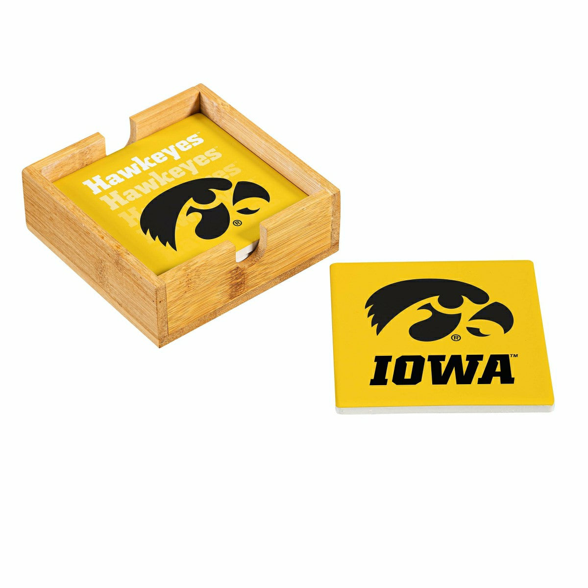 University of Iowa Ceramic Coasters Set, 4pcs with Wood Caddy