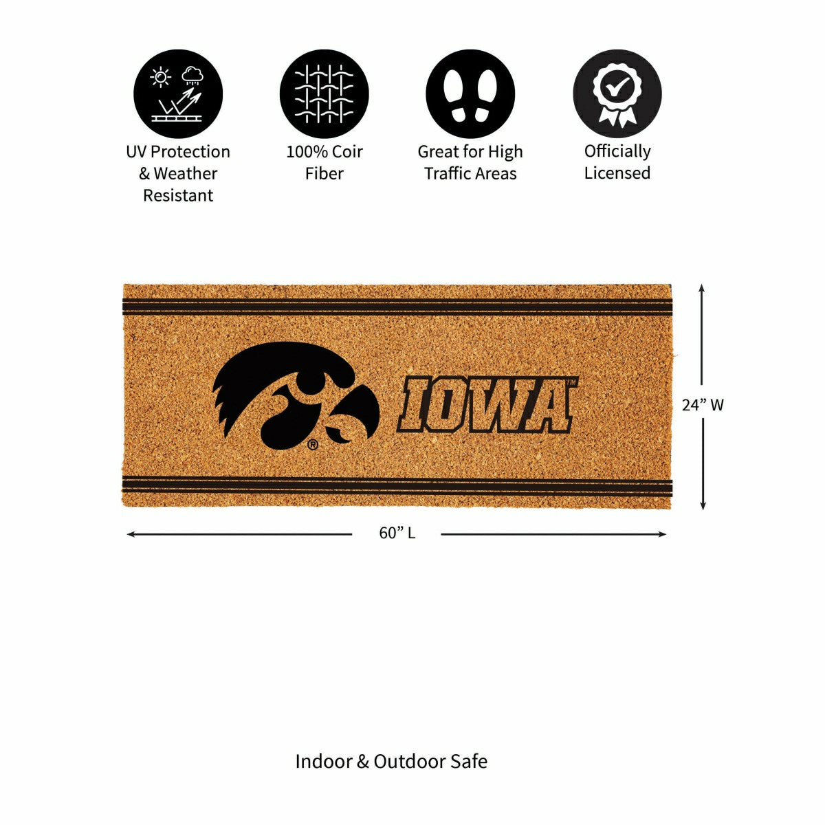 University of Iowa Extra Large One Color Coir Mat, 60"x24"
