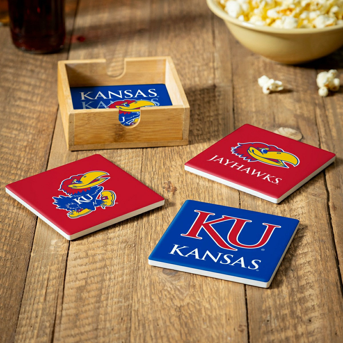 University of Kansas Ceramic Coasters Set, 4pcs with Wood Caddy