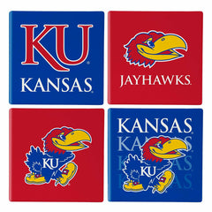 University of Kansas Ceramic Coasters Set, 4pcs with Wood Caddy