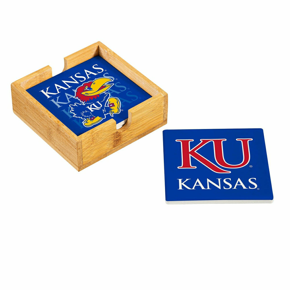 University of Kansas Ceramic Coasters Set, 4pcs with Wood Caddy