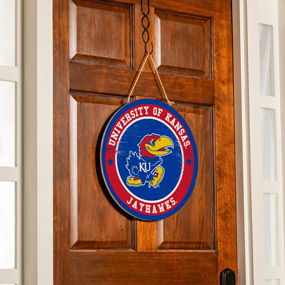 University of Kansas Round Door Décor with Hanging Rope, 18x18