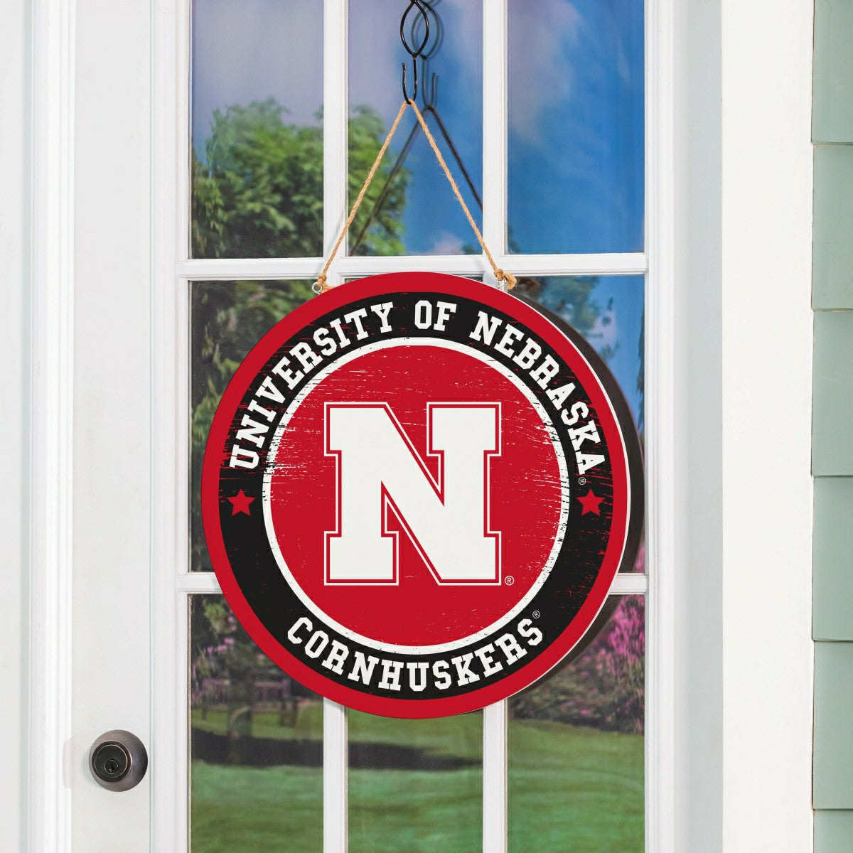 University of Nebraska Round Door Décor with Hanging Rope, 18x18