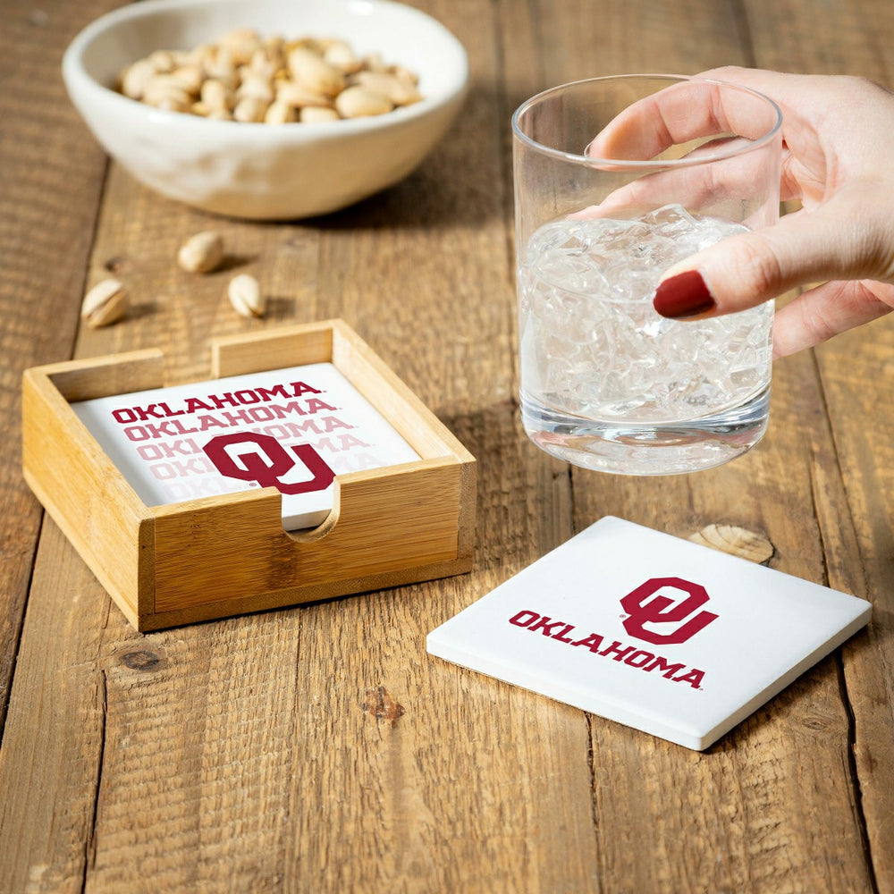 University of Oklahoma Ceramic Coasters Set, 4pcs with Wood Caddy