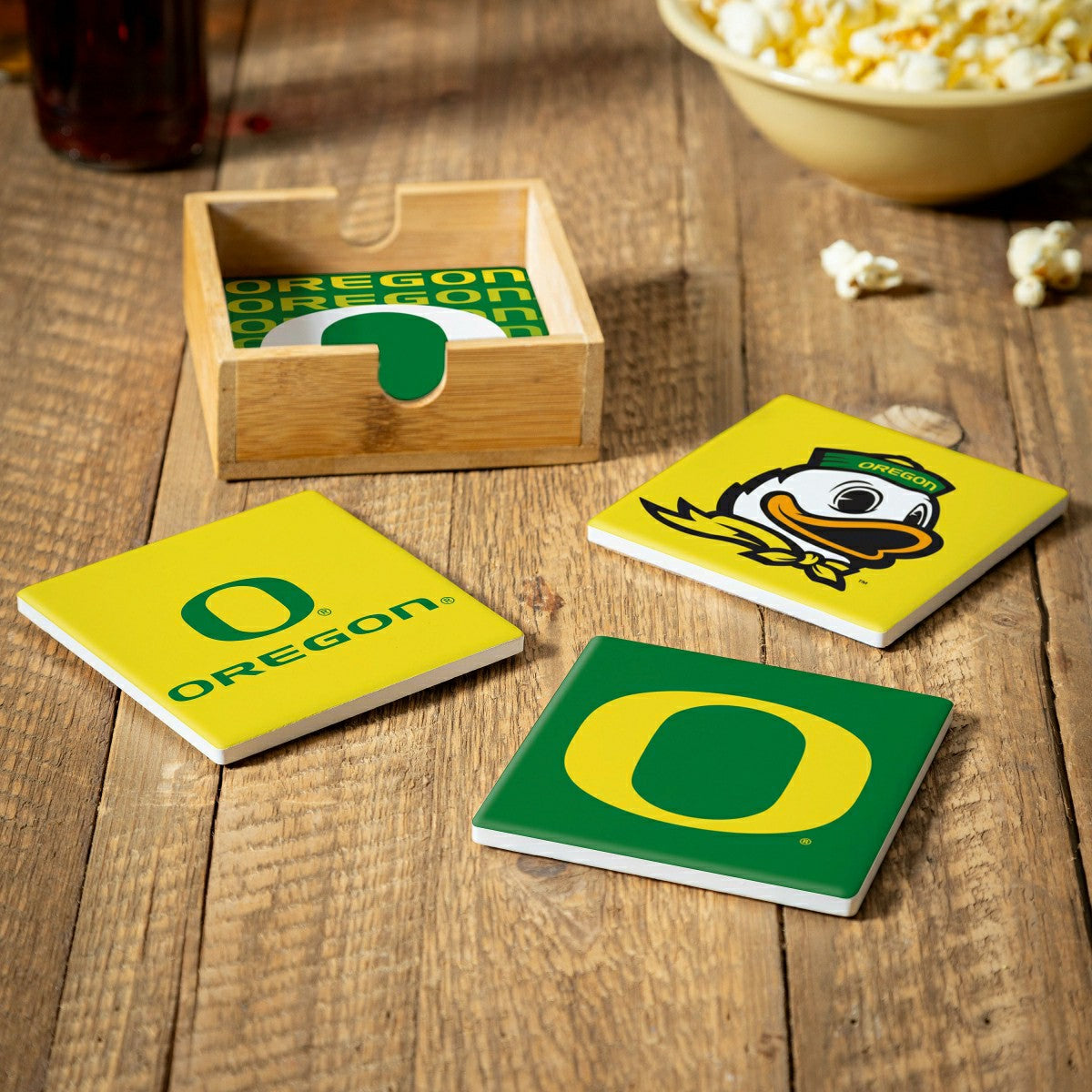 University of Oregon Ceramic Coasters Set, 4pcs with Wood Caddy