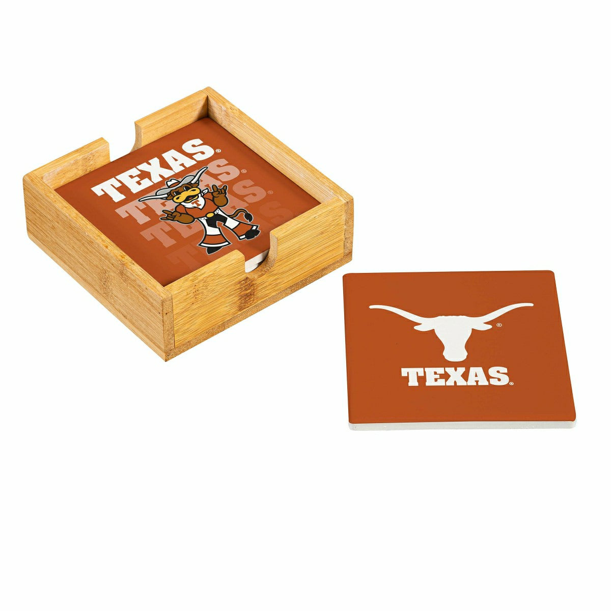 University of Texas Ceramic Coasters Set, 4pcs with Wood Caddy
