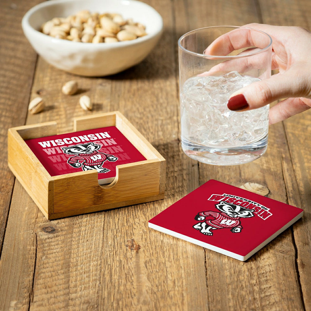 University of Wisconsin-Madison Ceramic Coasters Set, 4pcs with Wood C