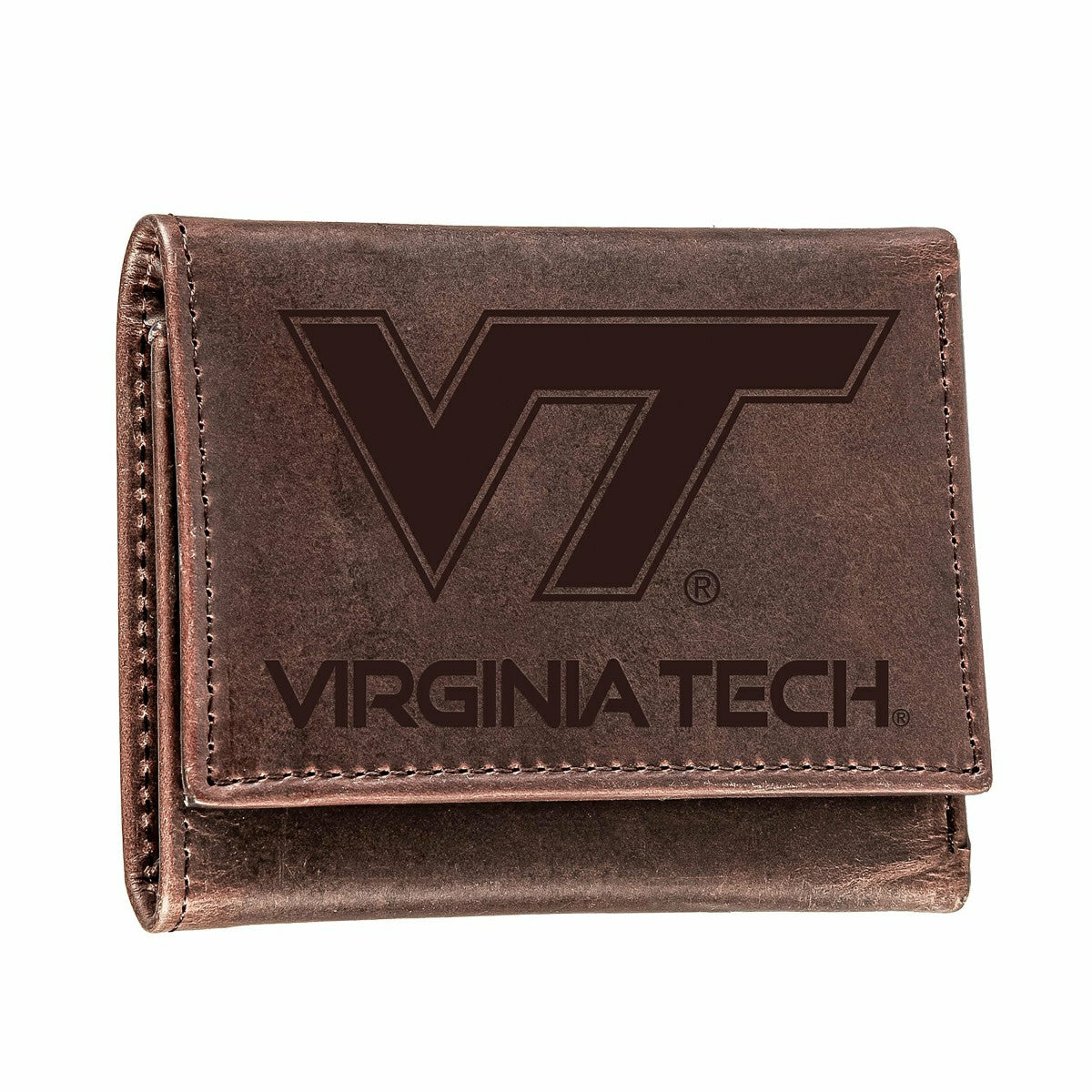 Virginia Tech, Tri-Fold Wallet, Brown, CH, 100% Genuine Leather