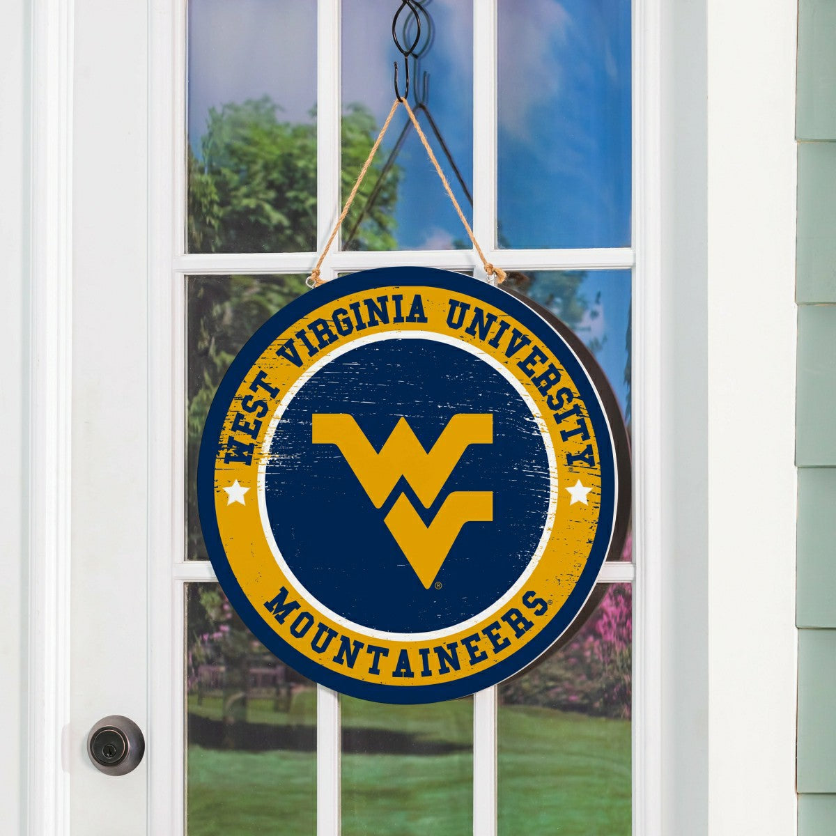 West Virginia University Round Door Décor with Hanging Rope, 18x18