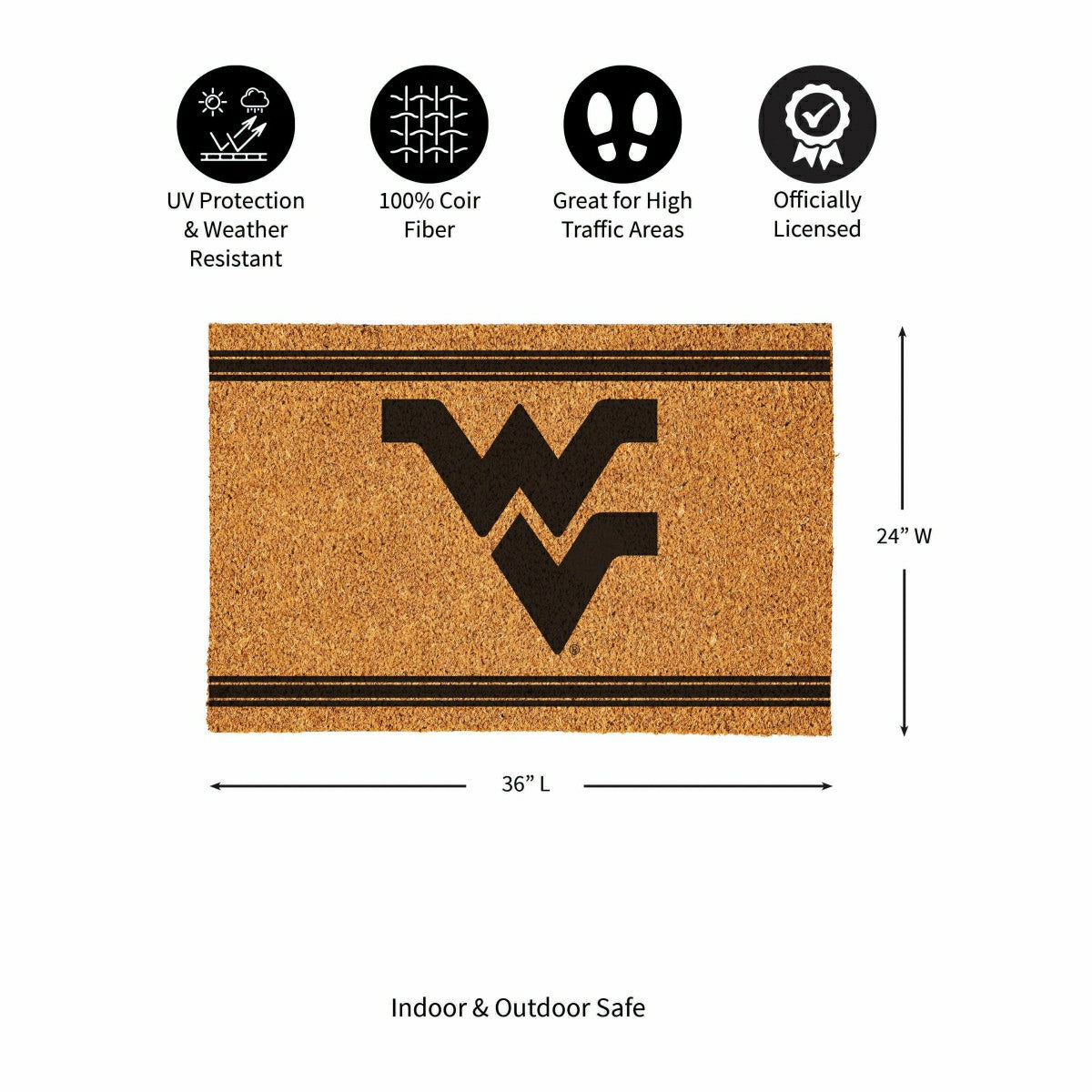 West Virginia University Large One Color Coir Mat, 36"x24"