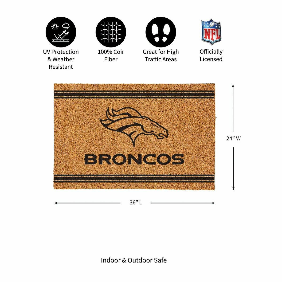 Denver Broncos Large One Color Coir Mat, 36"x24"