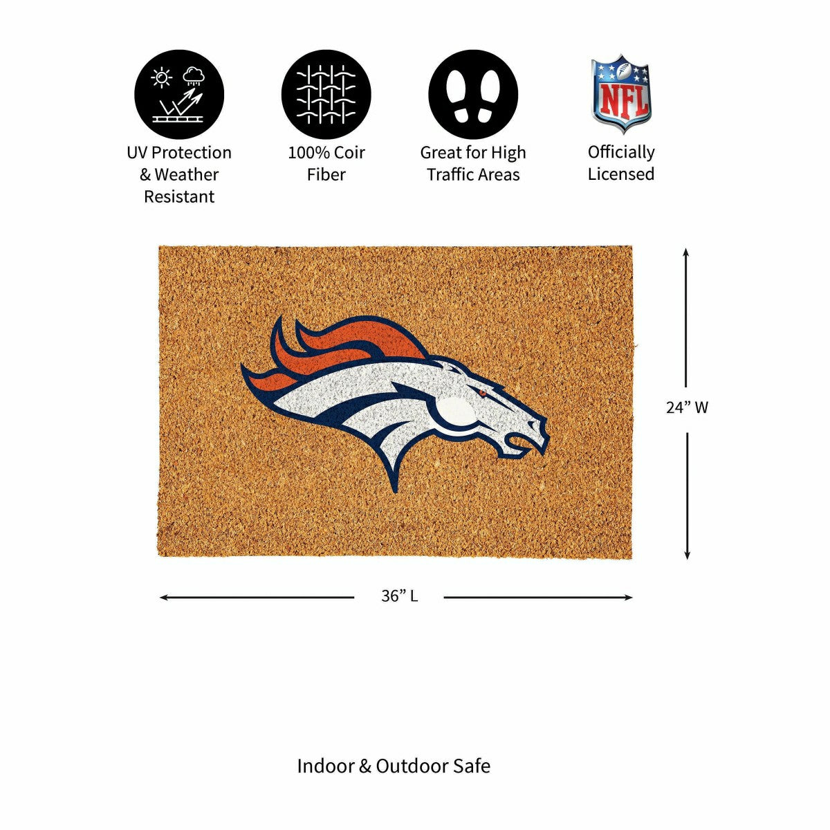 Denver Broncos Large Full Color Coir Mat, 36"x24"