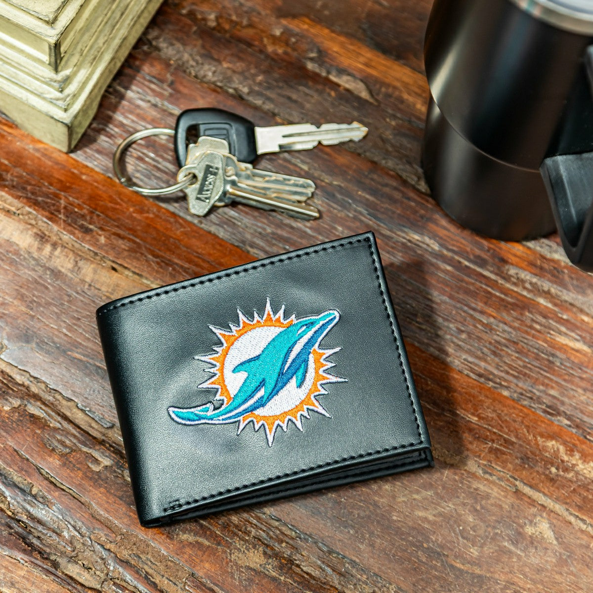 Miami Dolphins Black Bi-Fold Embroidered Wallet w/ RFID Blocking