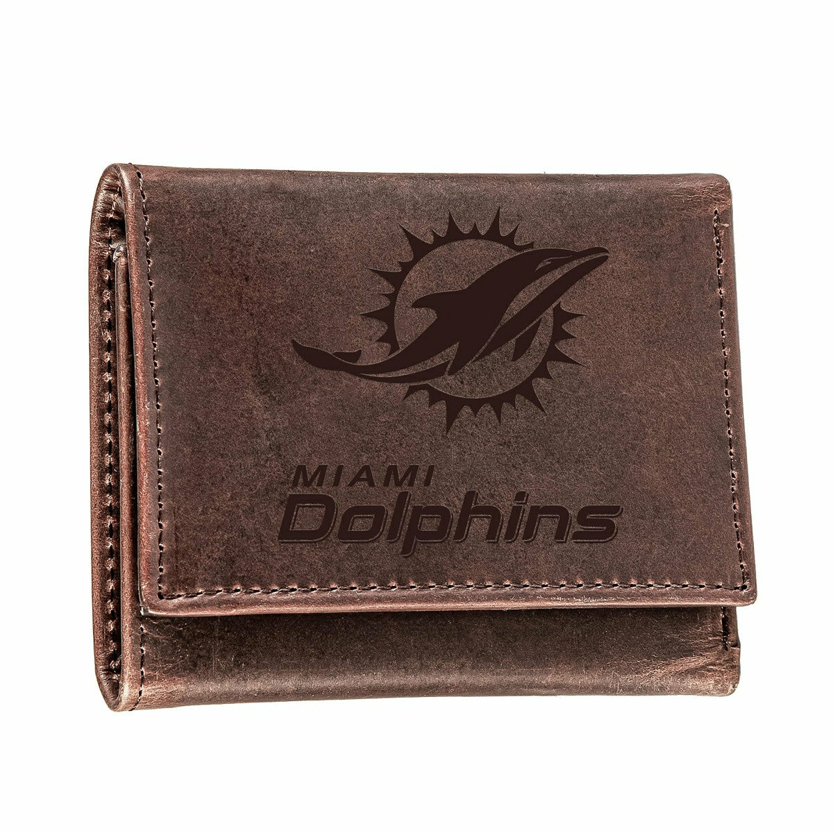 Miami Dolphins, Tri-Fold Wallet, Brown, CH, 100% Genuine Leather