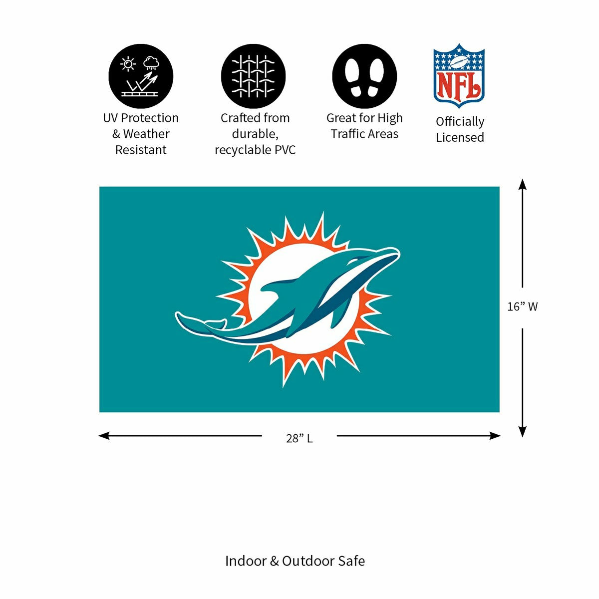 Full Color PVC Mat, 16" x 28", Miami Dolphins
