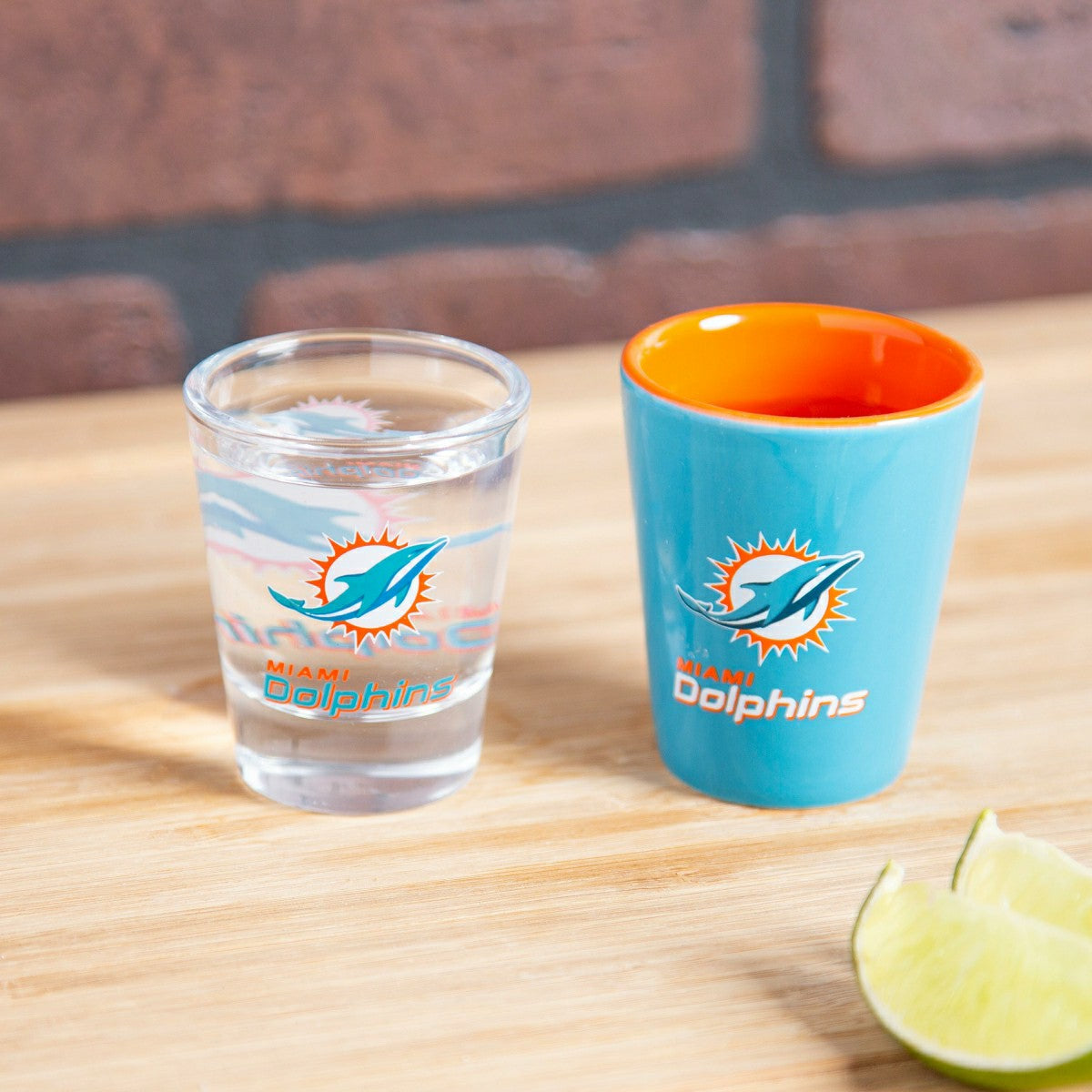 Miami Dolphins 4-Piece Ceramic and Glass 2oz. Shot Glass Set