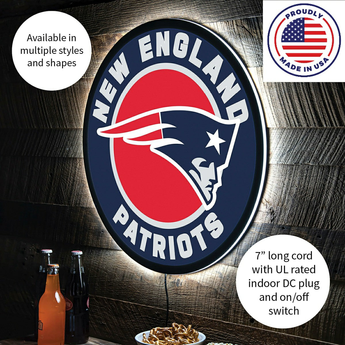 LED Wall Decor, Round, New England Patriots