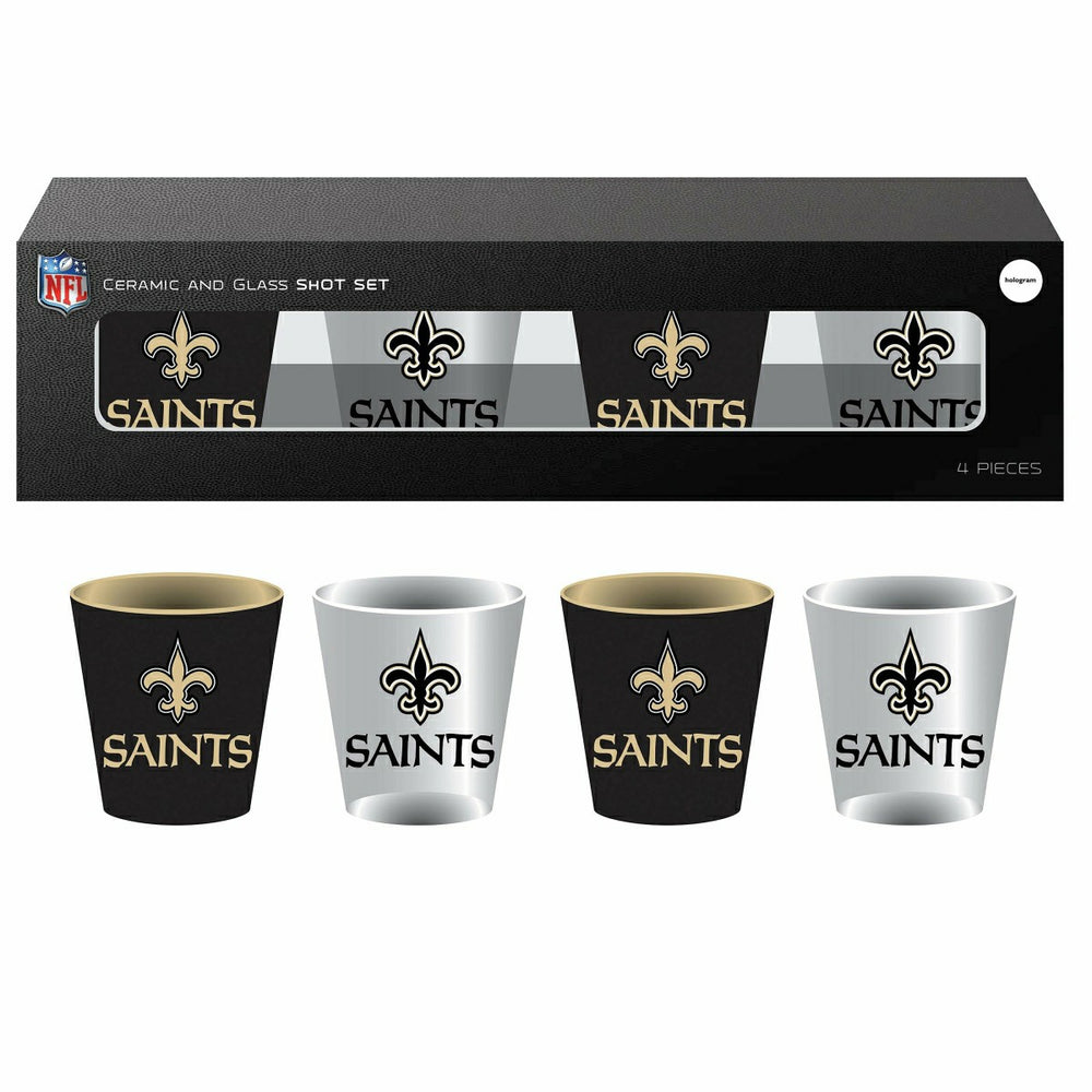 New Orleans Saints 4-Piece Ceramic and Glass 2oz. Shot Glass Set