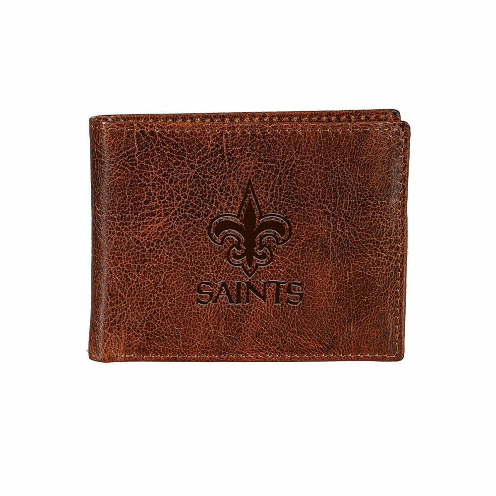 New Orleans Saints, Embossed 100% Genuine Tumbled Leather Passcase Bi-