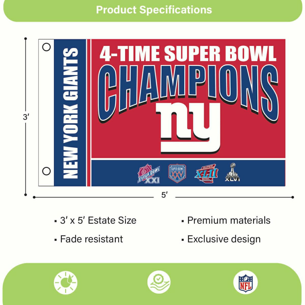 New York Giants 6X Superbowl Champions Football 3x5 Flag