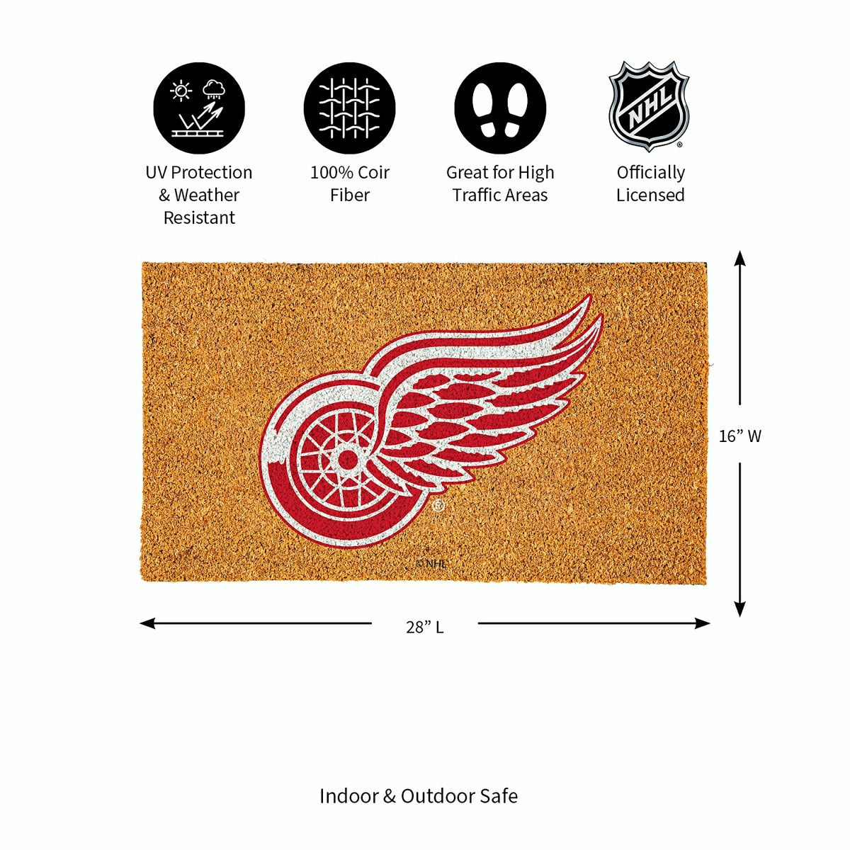 Coir Mat, 16"x28", Detroit Red Wings