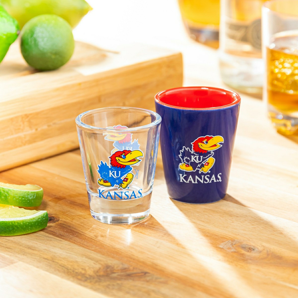 University of Kansas 4-Piece Ceramic and Glass 2oz. Shot Glass Set
