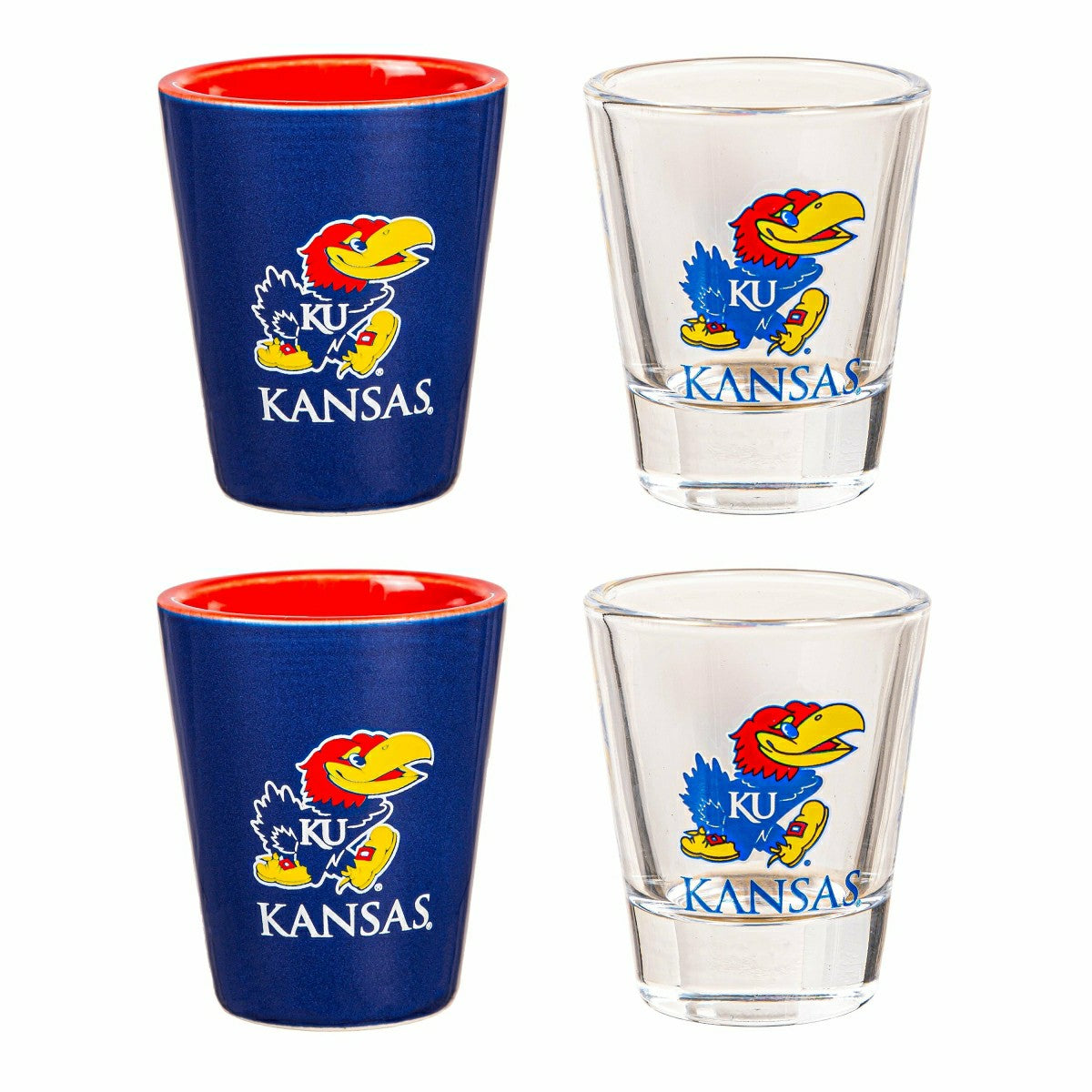 University of Kansas 4-Piece Ceramic and Glass 2oz. Shot Glass Set