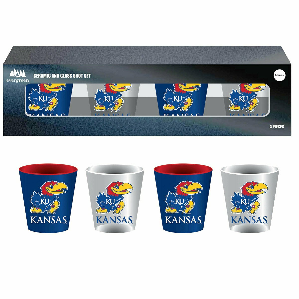 University of Kansas 4-Piece Ceramic and Glass 2oz. Shot Glass Set