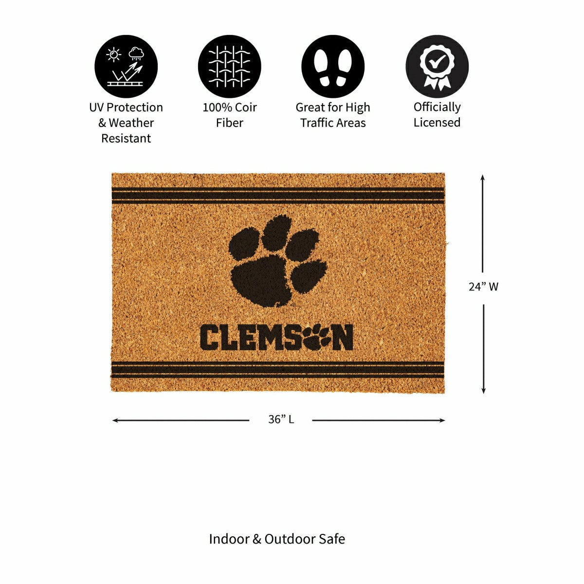 Clemson University Large One Color Coir Mat, 36"x24"