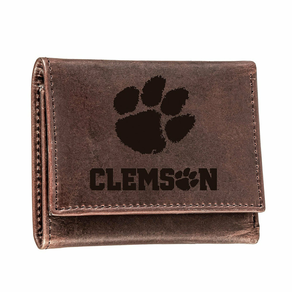 Clemson University, Tri-Fold Wallet, Brown, CH, 100% Genuine Leather