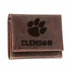 Clemson University, Tri-Fold Wallet, Brown, CH, 100% Genuine Leather
