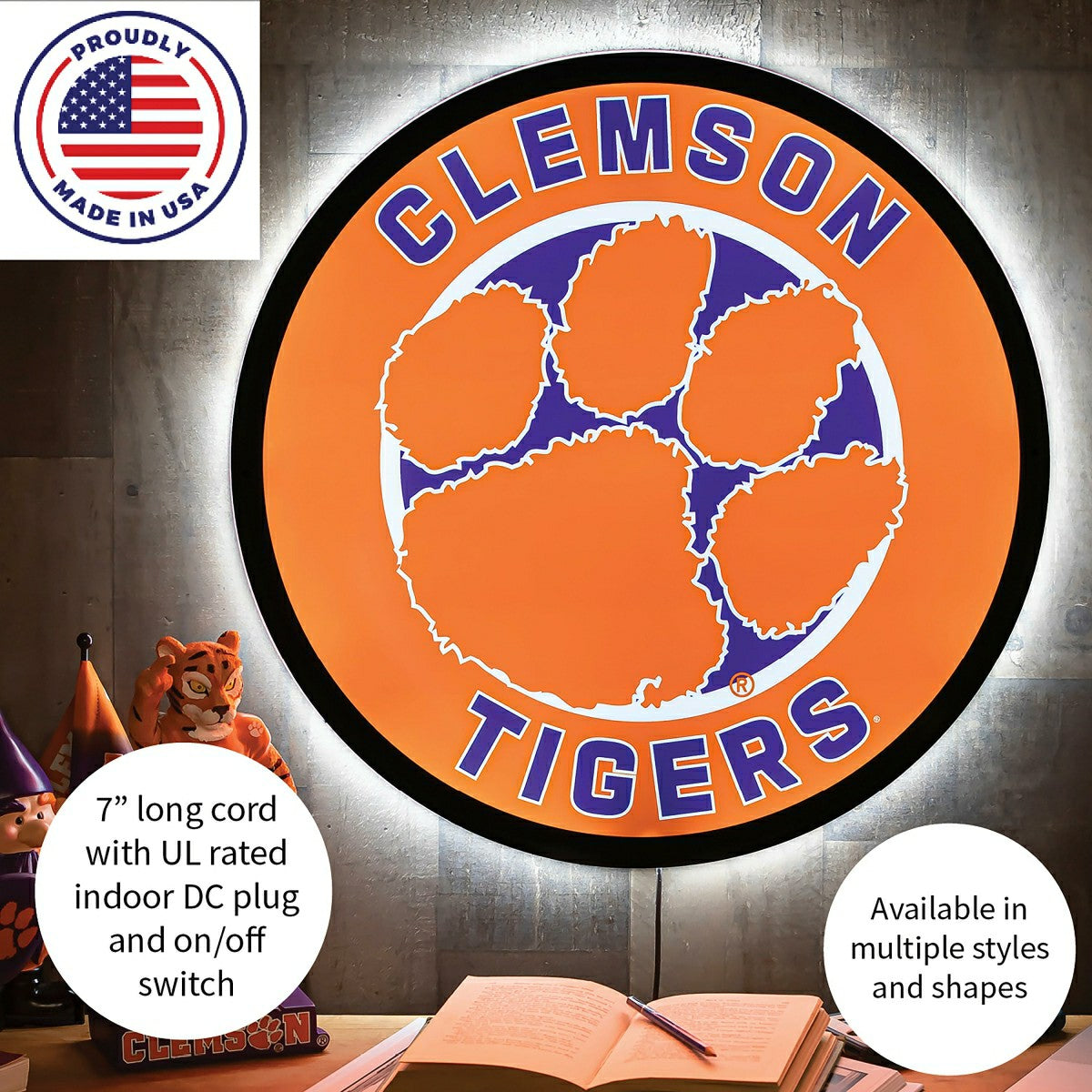 LED Wall Decor, Round, Clemson University