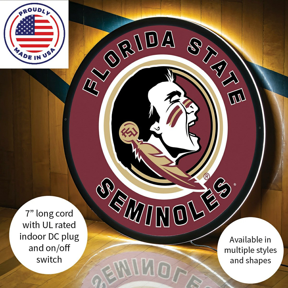 LED Wall Decor, Round, Florida State University