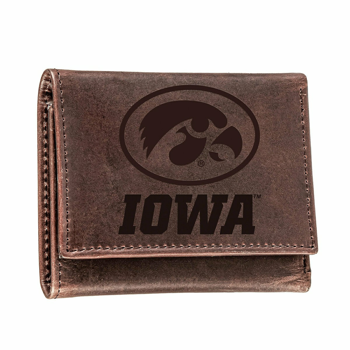 University of Iowa, Tri-Fold Wallet, Brown, CH, 100% Genuine Leather
