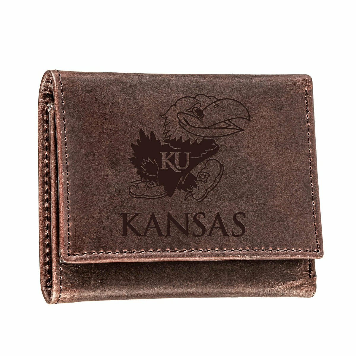 University of Kansas, Tri-Fold Wallet, Brown, CH, 100% Genuine Leather