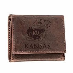 University of Kansas, Tri-Fold Wallet, Brown, CH, 100% Genuine Leather