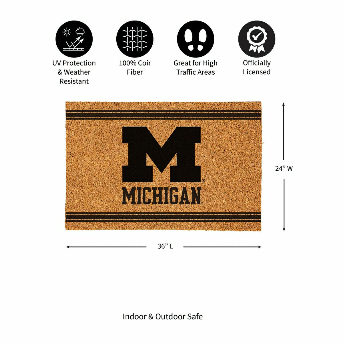 University Of Michigan Large One Color Coir Mat, 36"x24"