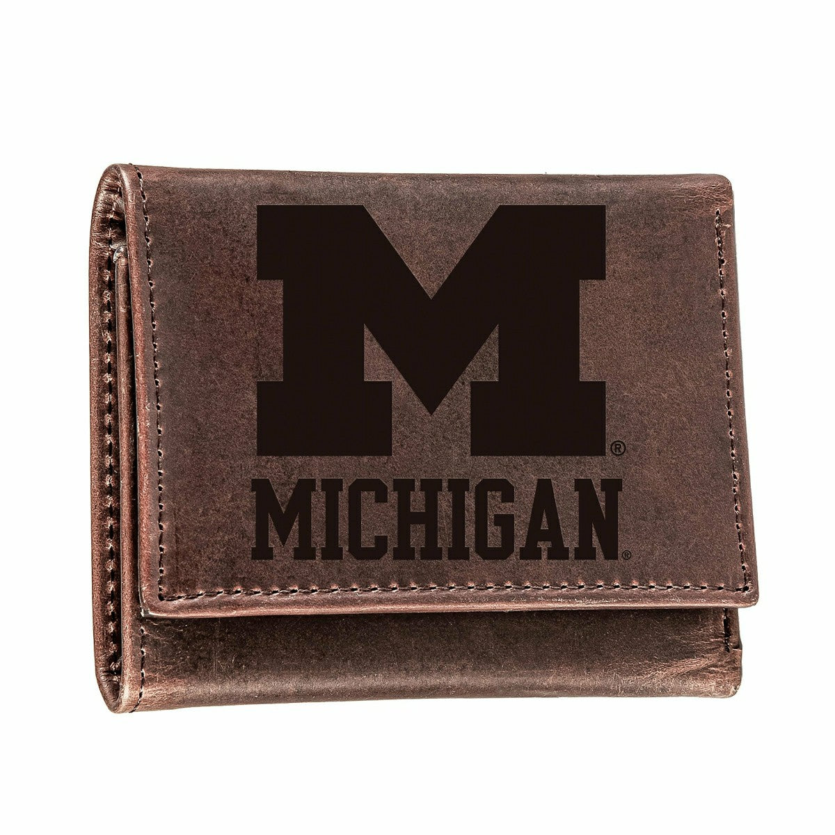 University of Michigan, Tri-Fold Wallet, Brown, CH, 100% Genuine Leath