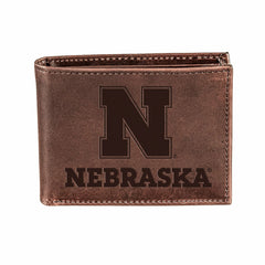 University of Nebraska, Bi-Fold Wallet, Brown, CH, 100% Genuine Leathe