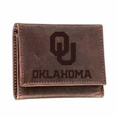 University of Oklahoma, Tri-Fold Wallet, Brown, CH, 100% Genuine Leath